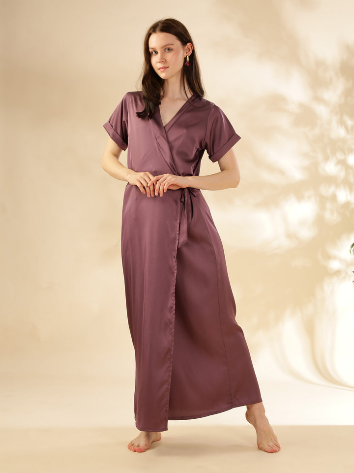 Grape Satin House Coat Elegant Maxi with Short Sleeves and Pockets