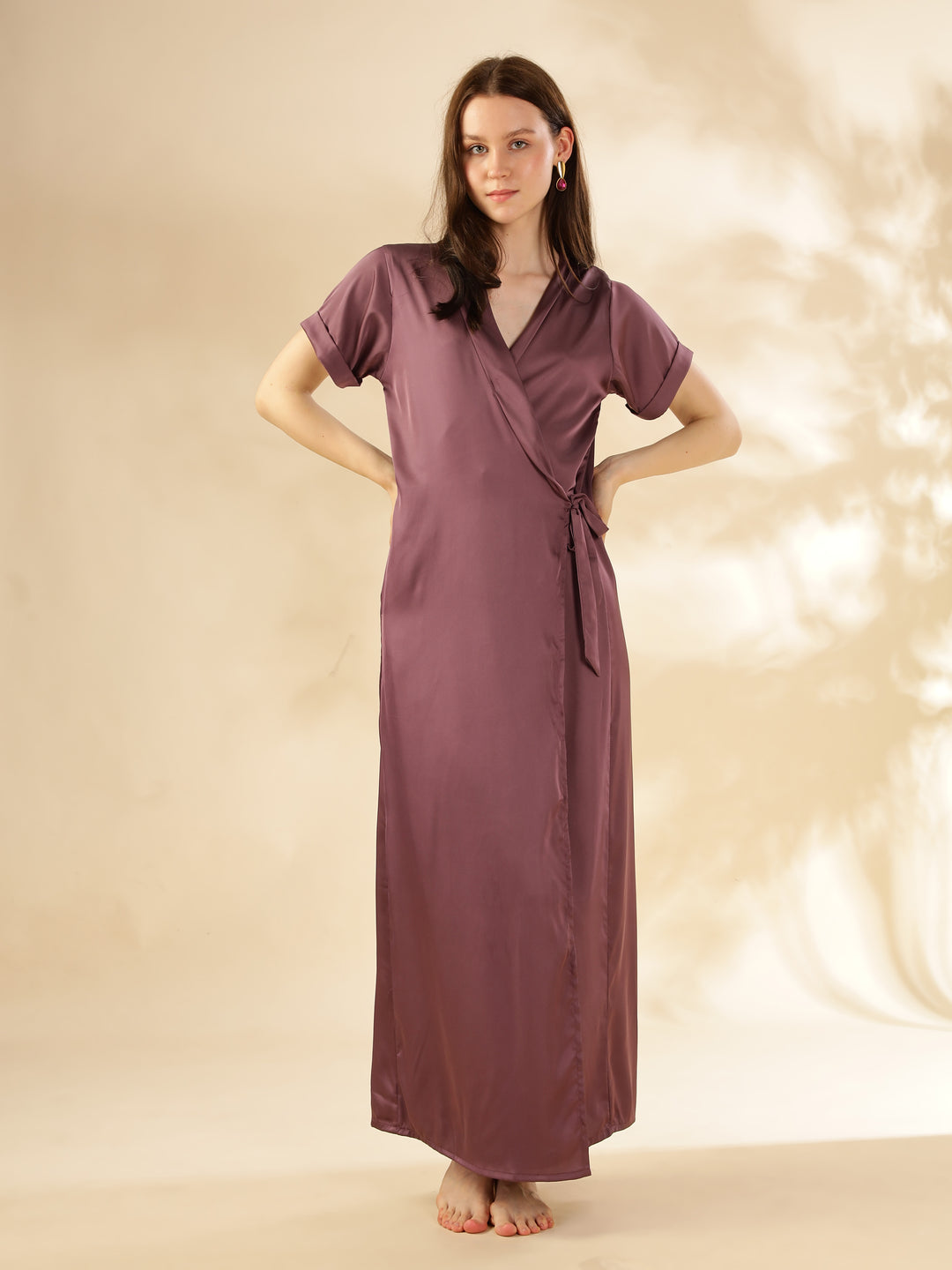 Grape Satin House Coat Elegant Maxi with Short Sleeves and Pockets