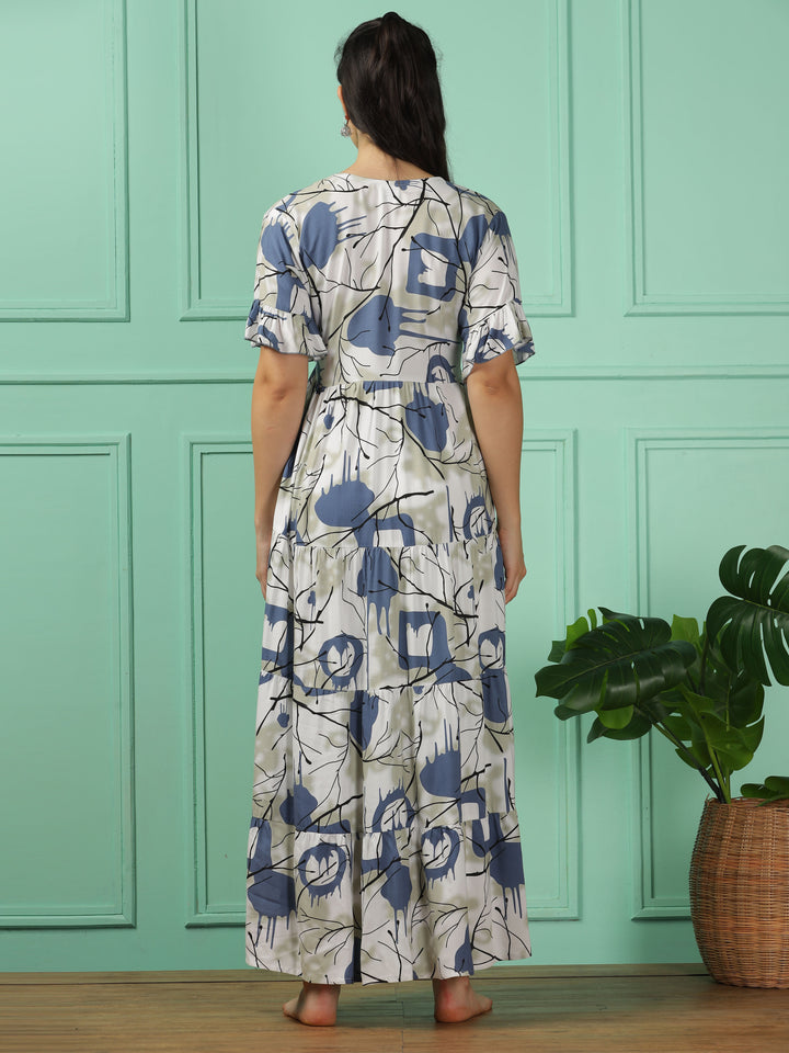 Elegant Blue Frock Rayon Nighty - V-Neck, Short Sleeve, Printed Maxi Dress