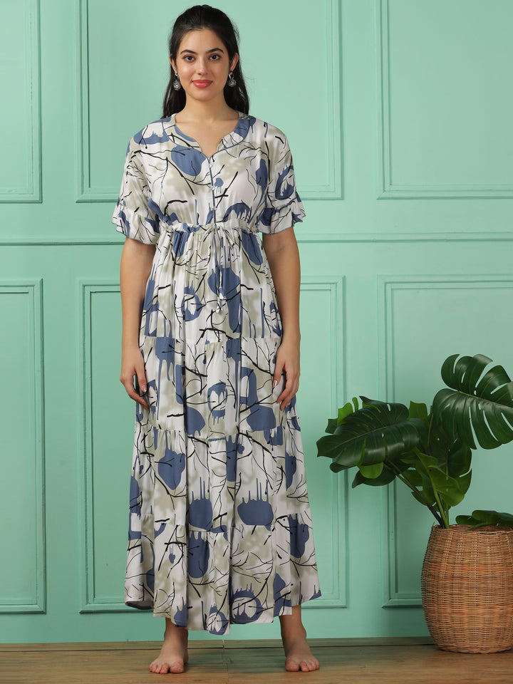 Elegant Blue Frock Rayon Nighty - V-Neck, Short Sleeve, Printed Maxi Dress