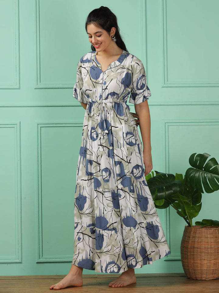 Elegant Blue Frock Rayon Nighty - V-Neck, Short Sleeve, Printed Maxi Dress