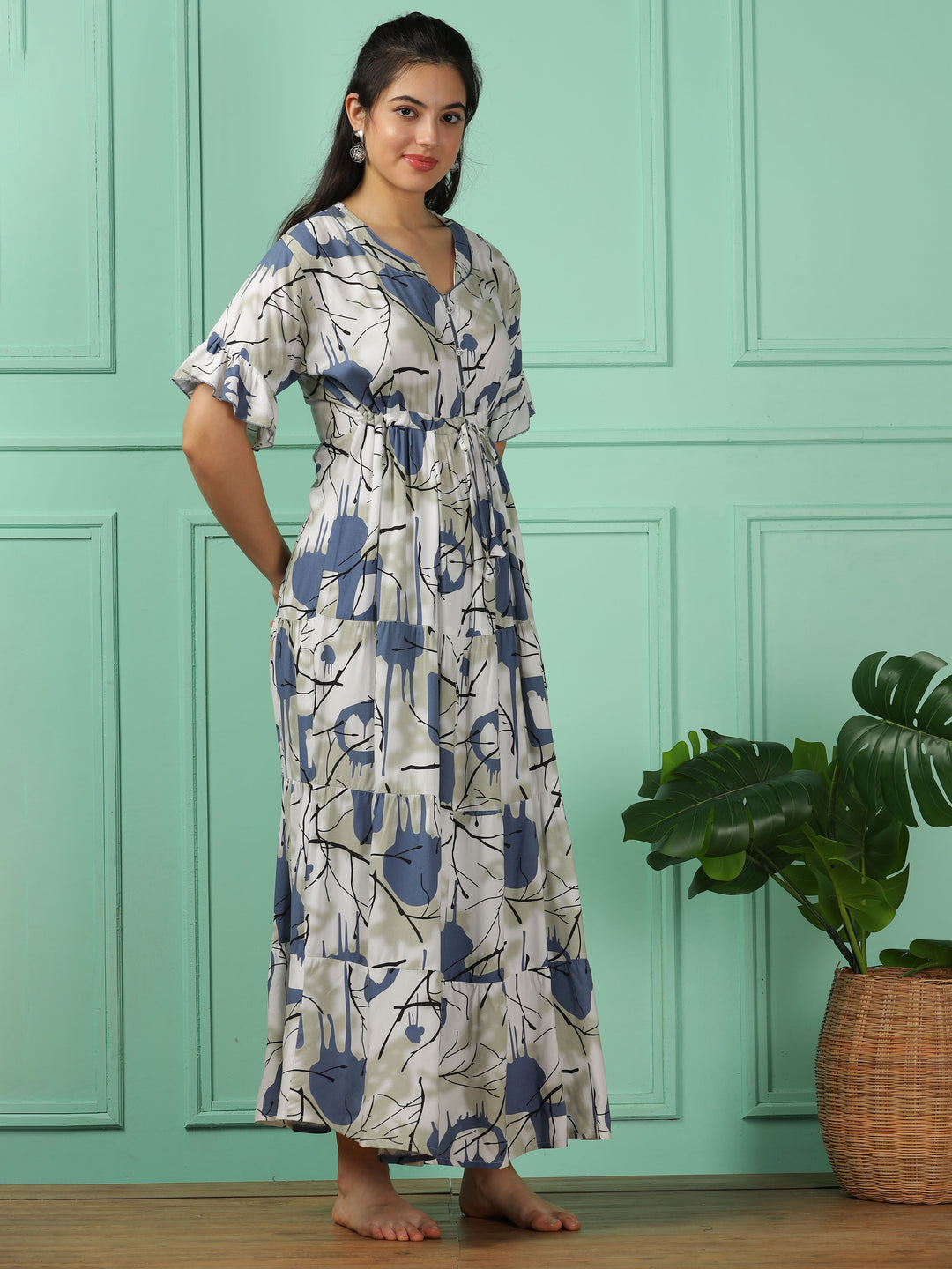 Elegant Blue Frock Rayon Nighty - V-Neck, Short Sleeve, Printed Maxi Dress