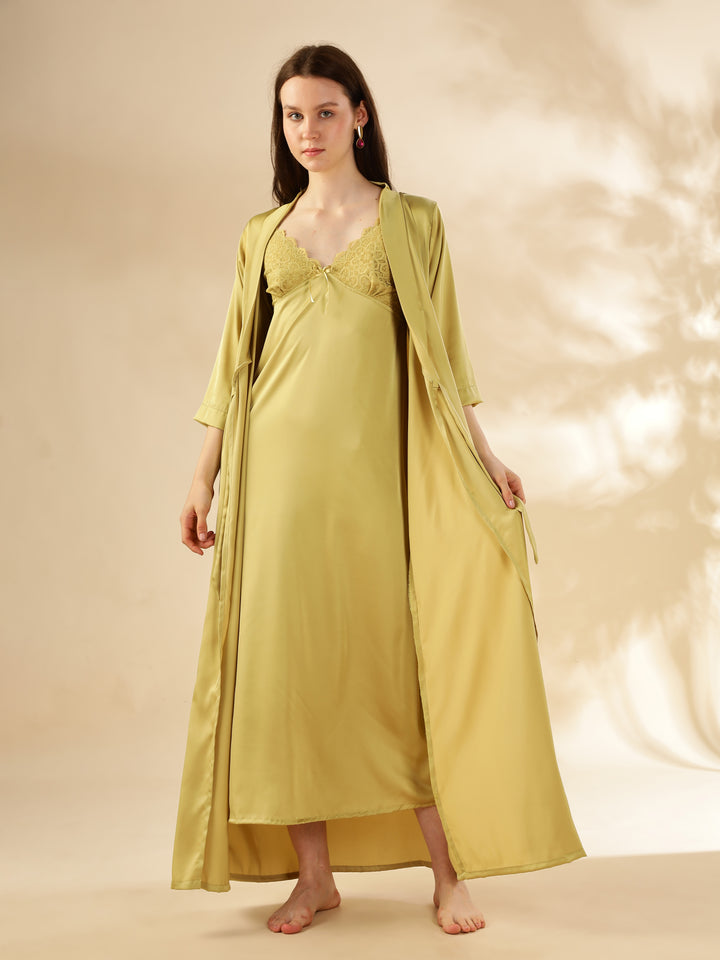 Yellow Sapphire Satin Nighty & Robe Set - Elegant Lace Detailing