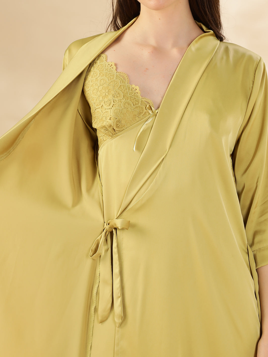 Yellow Sapphire Satin Nighty & Robe Set - Elegant Lace Detailing