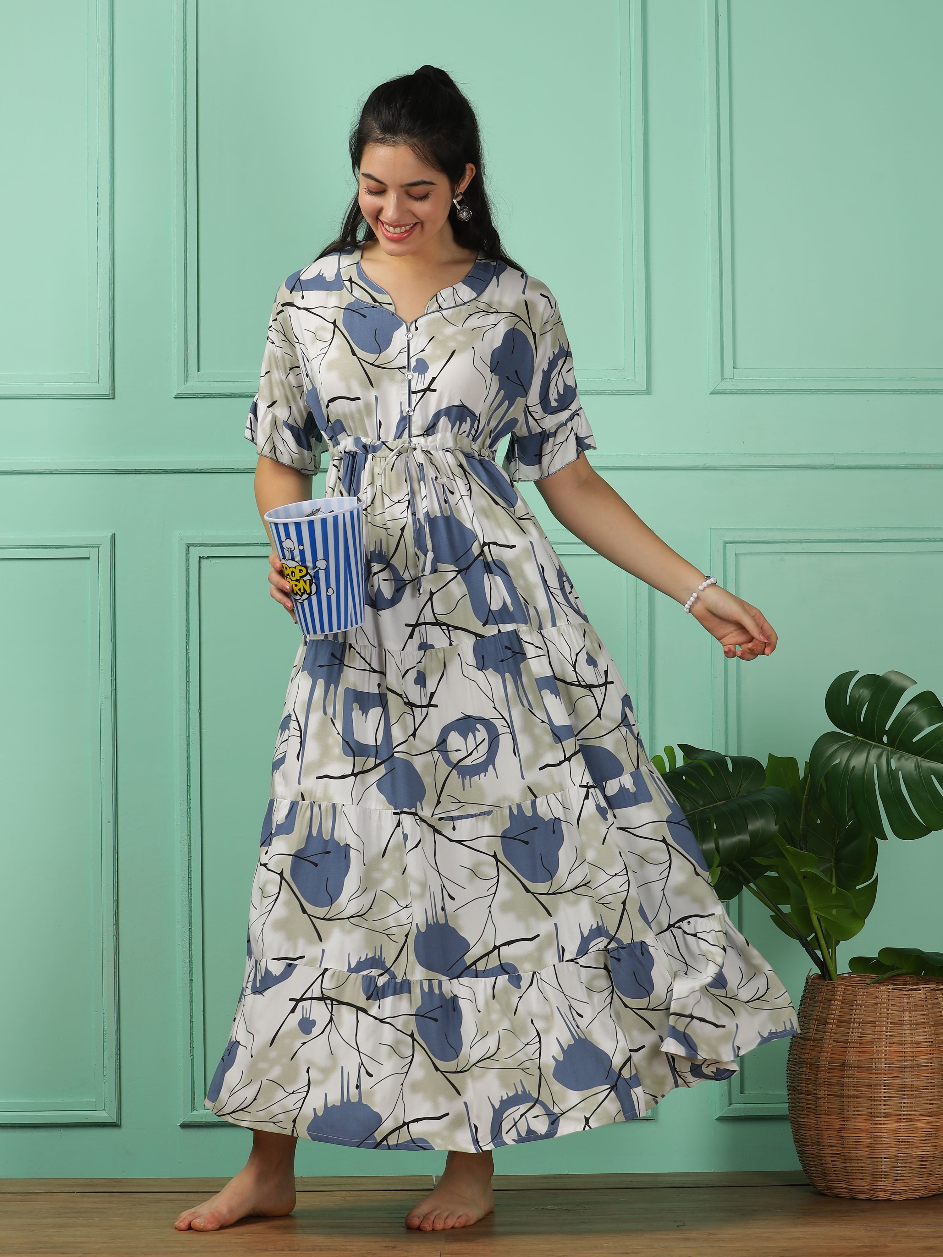 Elegant Blue Frock Rayon Nighty V Neck Short Sleeve Printed Maxi Dress