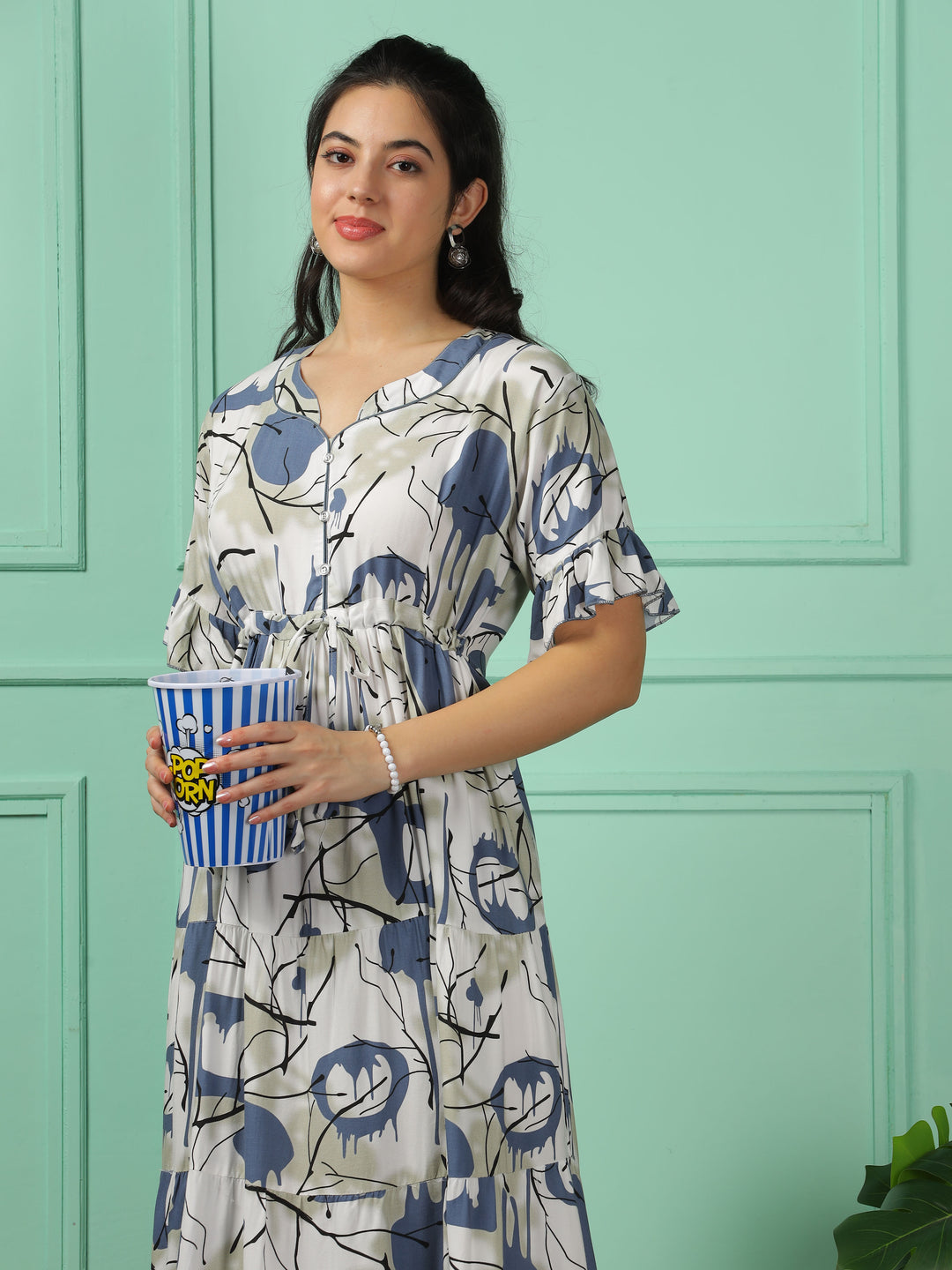 Elegant Blue Frock Rayon Nighty - V-Neck, Short Sleeve, Printed Maxi Dress