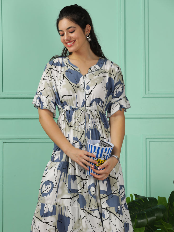 Elegant Blue Frock Rayon Nighty - V-Neck, Short Sleeve, Printed Maxi Dress