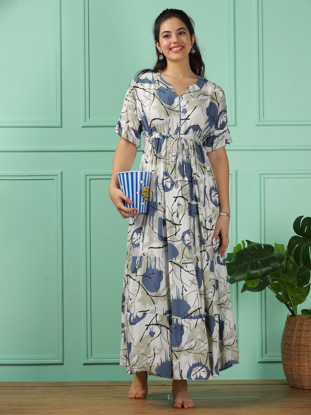 Elegant Blue Frock Rayon Nighty - V-Neck, Short Sleeve, Printed Maxi Dress