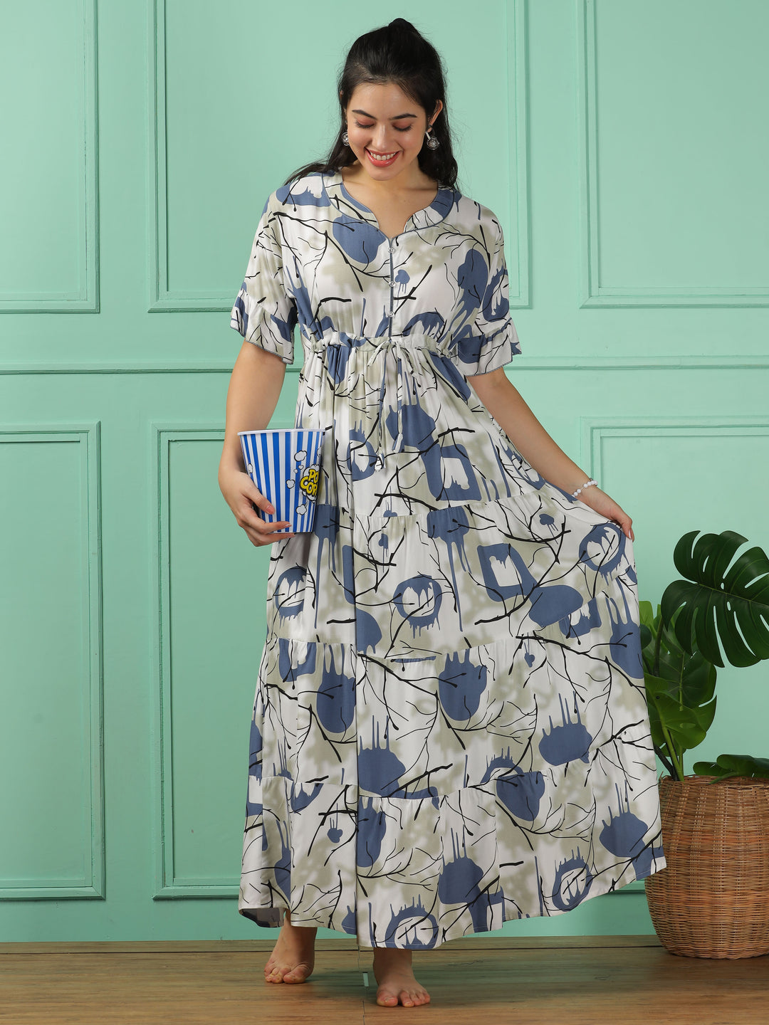 Elegant Blue Frock Rayon Nighty - V-Neck, Short Sleeve, Printed Maxi Dress