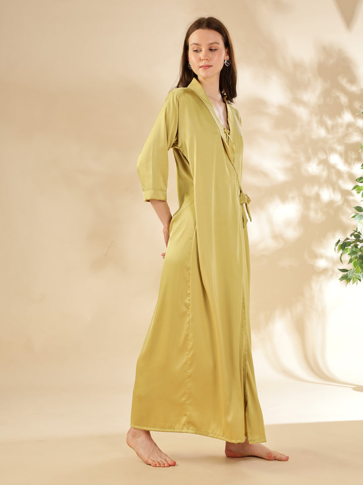 Yellow Sapphire Satin Nighty & Robe Set - Elegant Lace Detailing