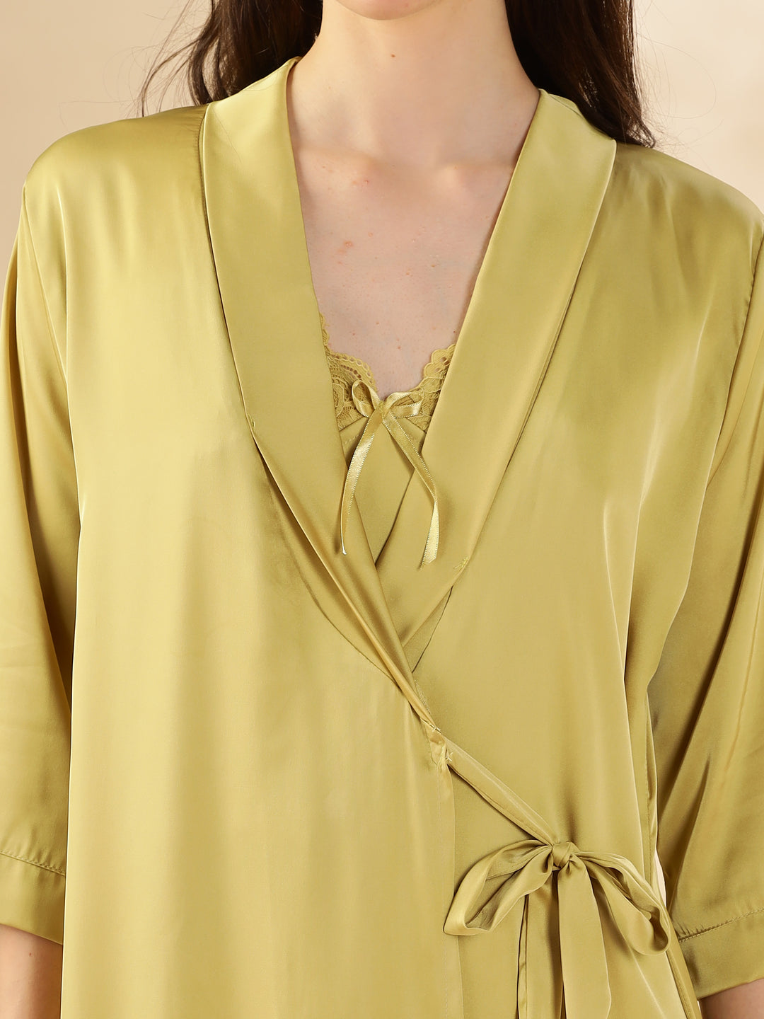 Yellow Sapphire Satin Nighty & Robe Set - Elegant Lace Detailing