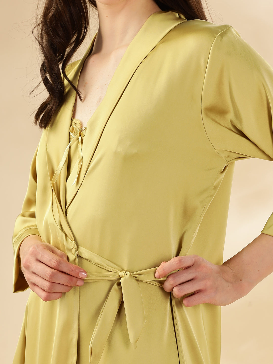 Yellow Sapphire Satin Nighty & Robe Set - Elegant Lace Detailing