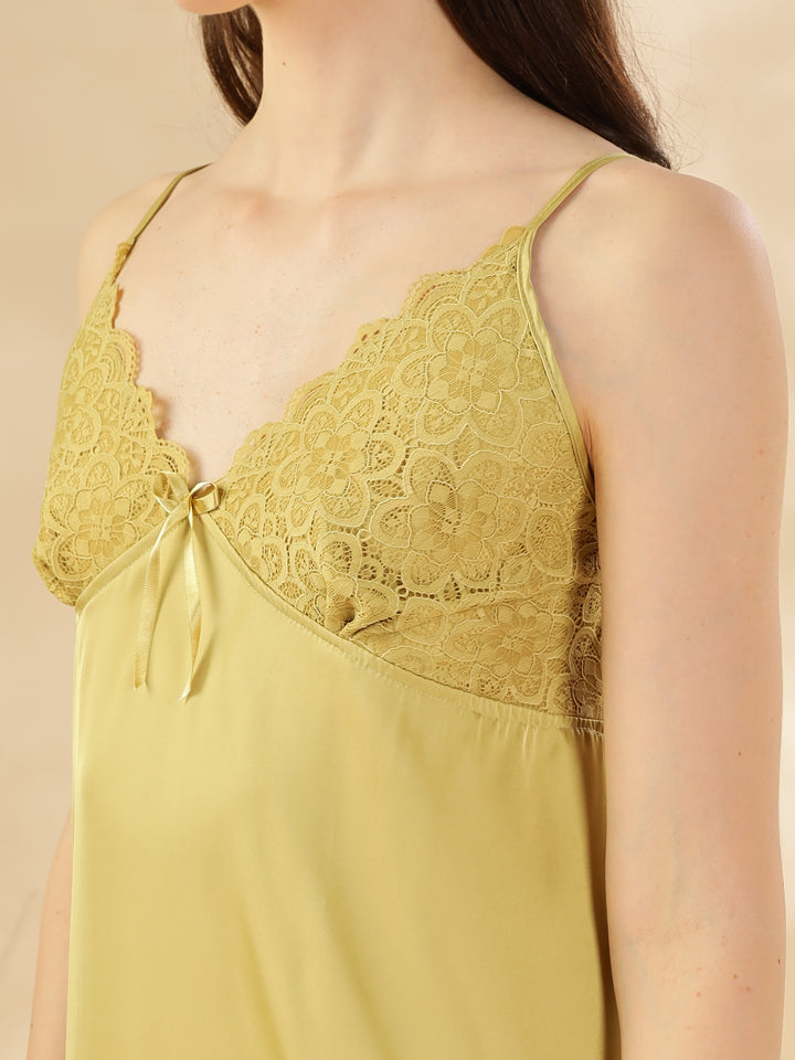 Yellow Sapphire Satin Nighty & Robe Set - Elegant Lace Detailing