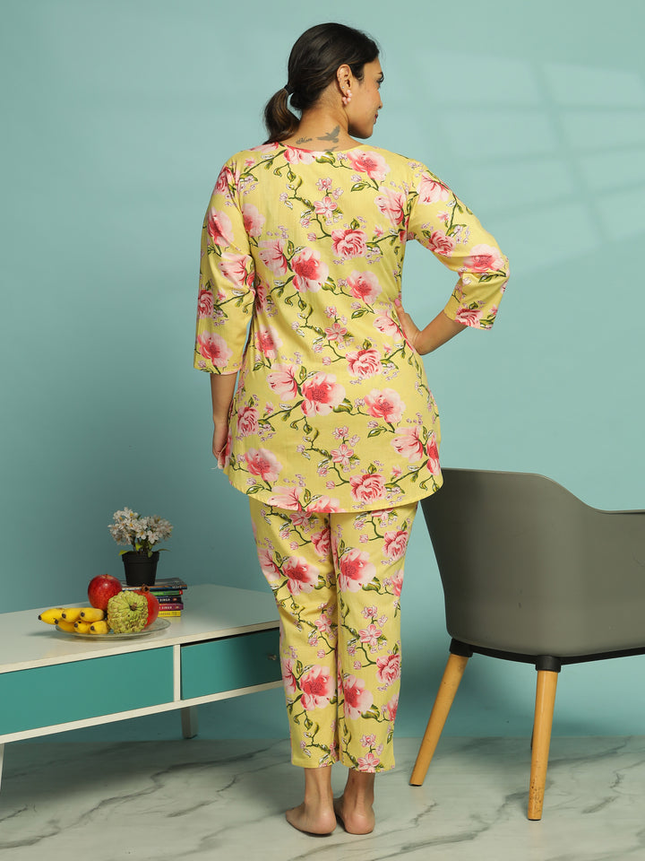 Yellow Soft Cotton Floral Womens Pyjama Set 