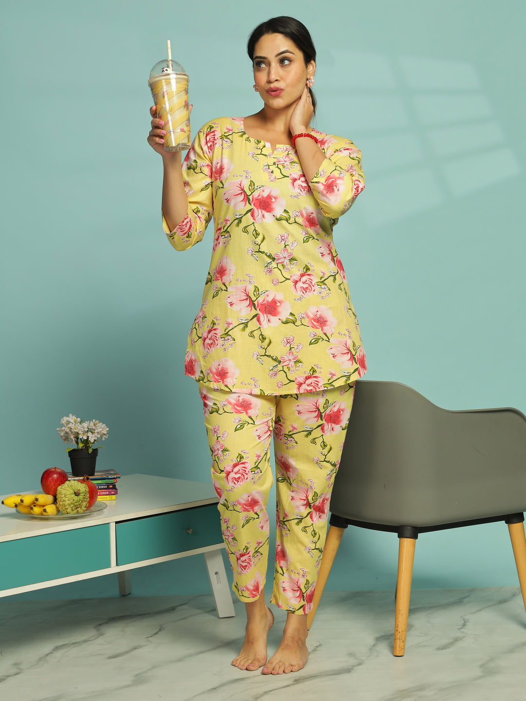 Yellow Soft Cotton Floral Womens Pyjama Set 