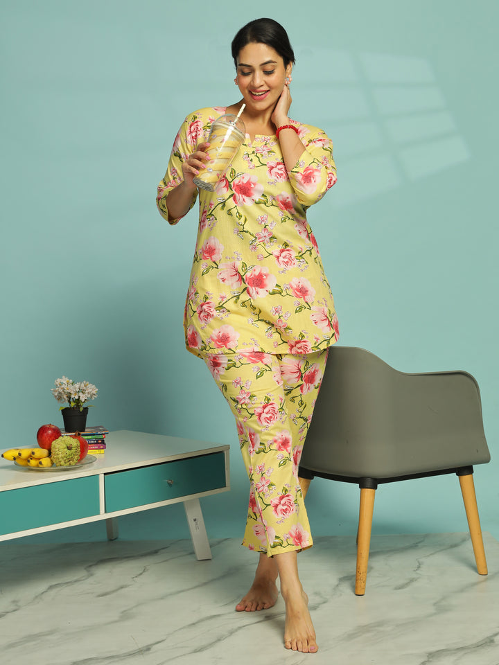 Yellow Soft Cotton Floral Womens Pyjama Set 