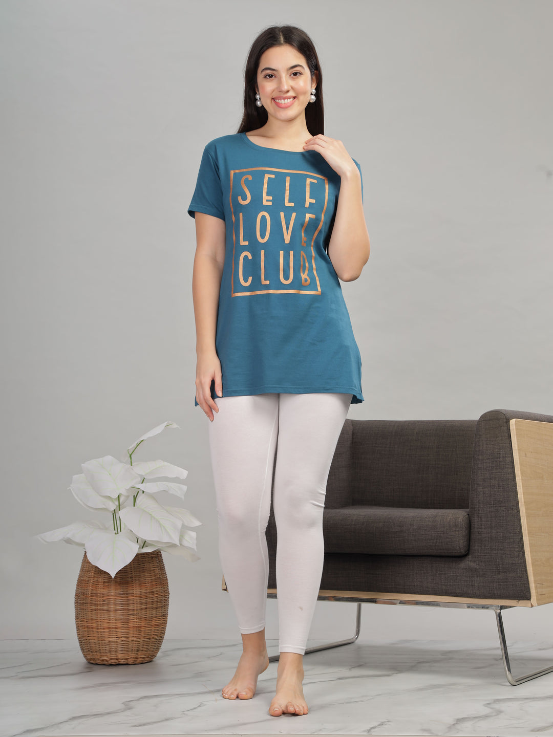 Petrol Blue Printed Long T-Shirt - Soft Hosiery Cotton Nightwear