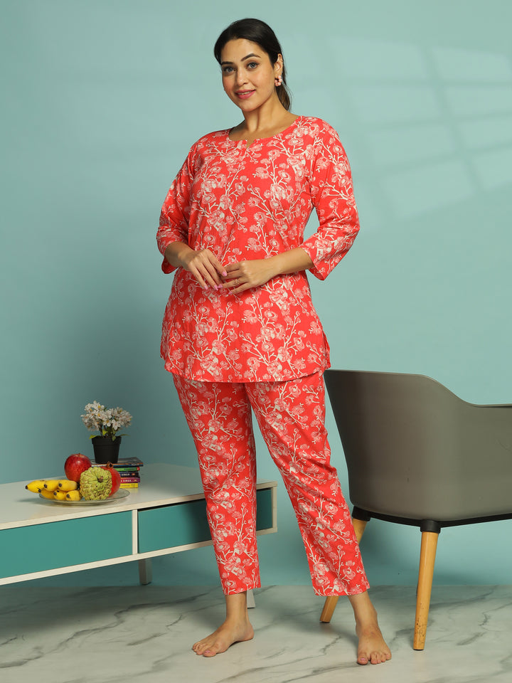 Coral Pink Pure Cotton Floral Pyjama Set for Women With Relaxed Fit