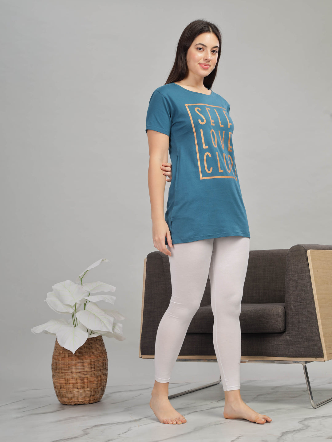 Petrol Blue Printed Long T-Shirt - Soft Hosiery Cotton Nightwear