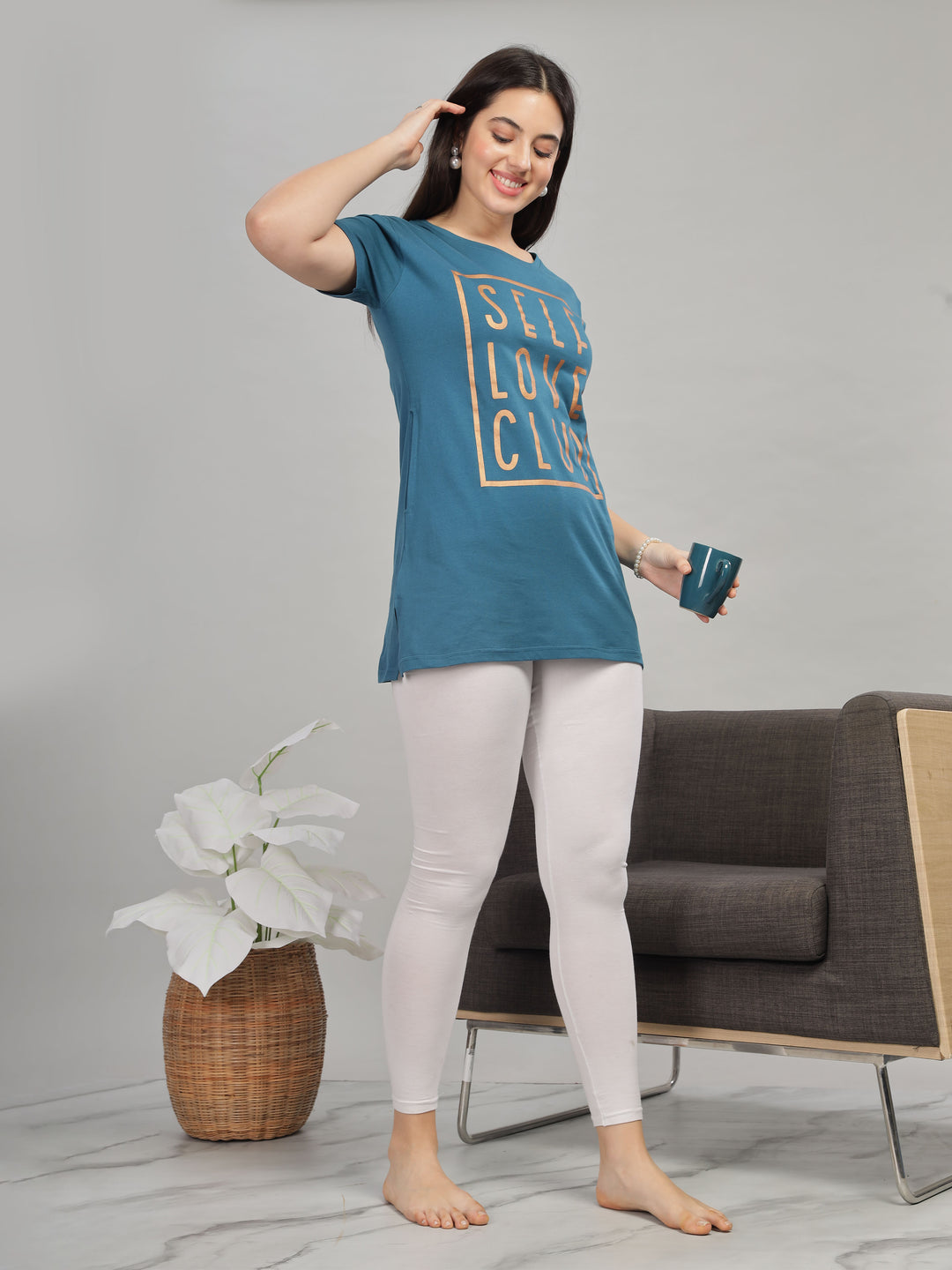 Petrol Blue Printed Long T-Shirt - Soft Hosiery Cotton Nightwear