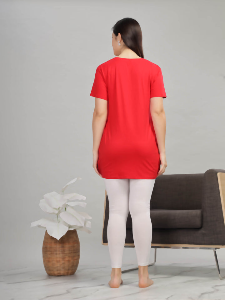 Stylish Solid Red Long T-Shirt for Women Lounge Wear with Pockets