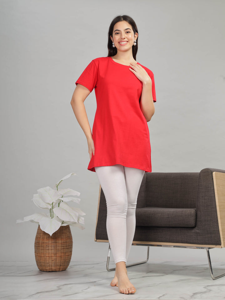 Stylish Solid Red Long T-Shirt for Women Lounge Wear with Pockets