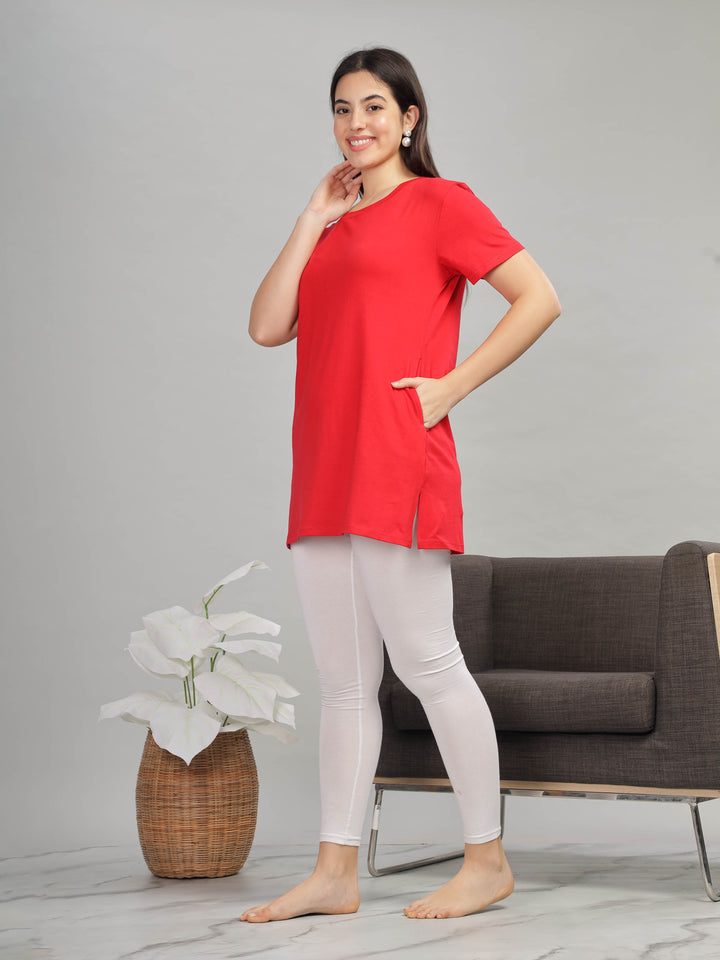 Stylish Solid Red Long T-Shirt for Women Lounge Wear with Pockets