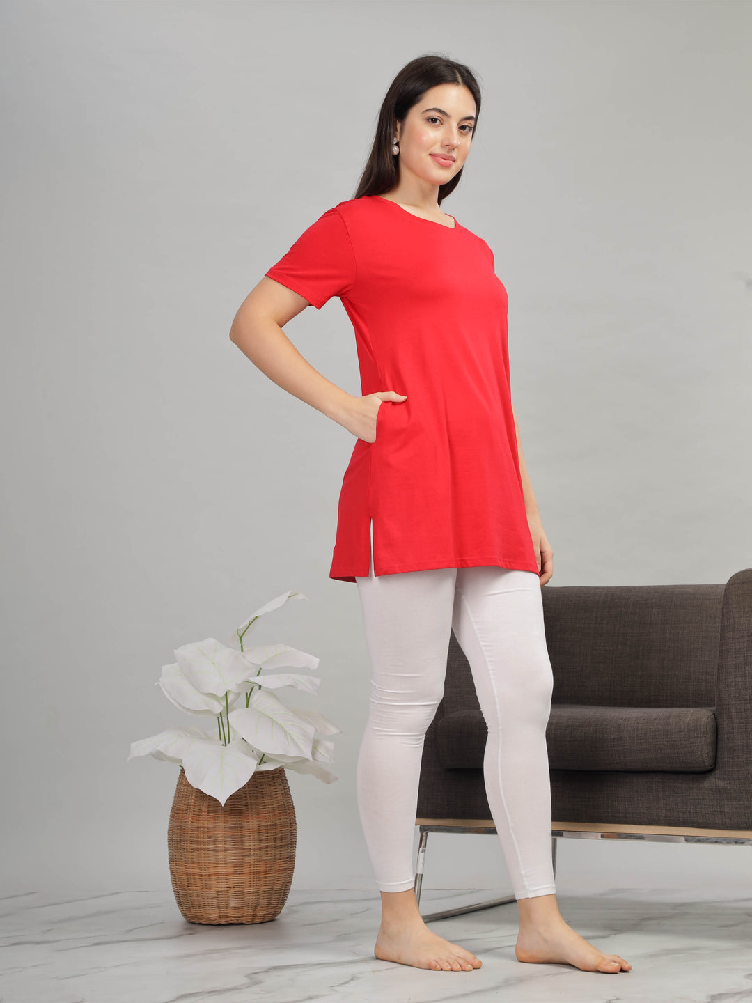 Stylish Solid Red Long T-Shirt for Women Lounge Wear with Pockets