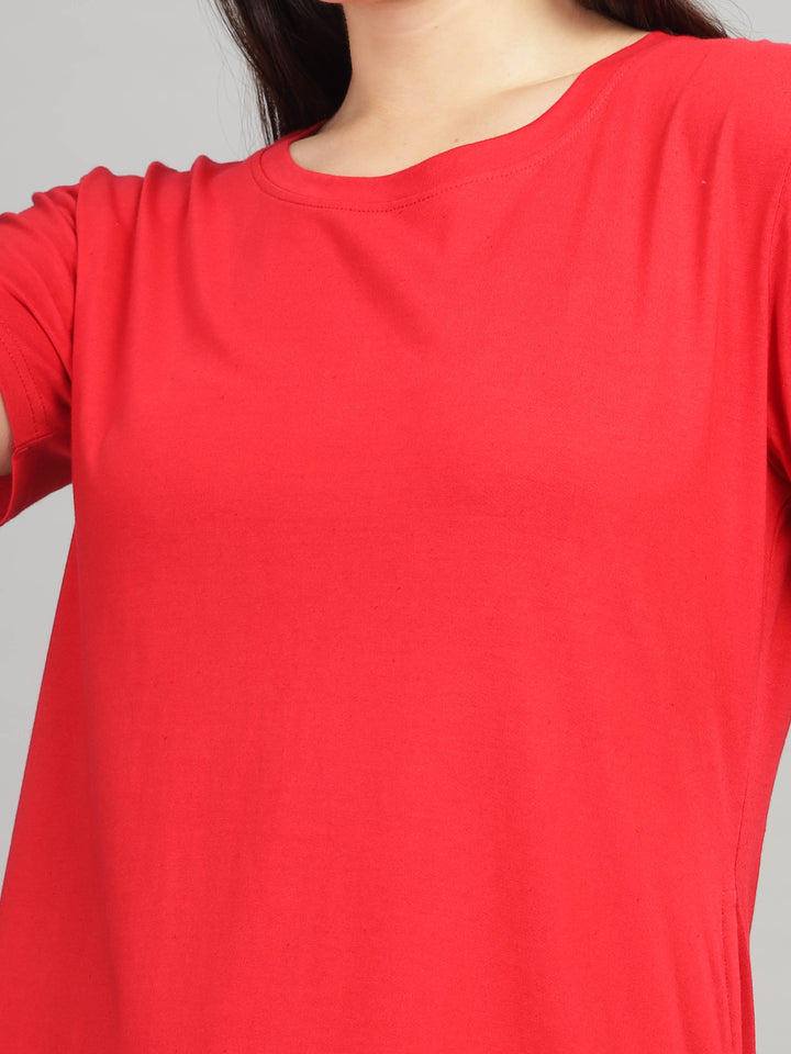 Stylish Solid Red Long T-Shirt for Women Lounge Wear with Pockets