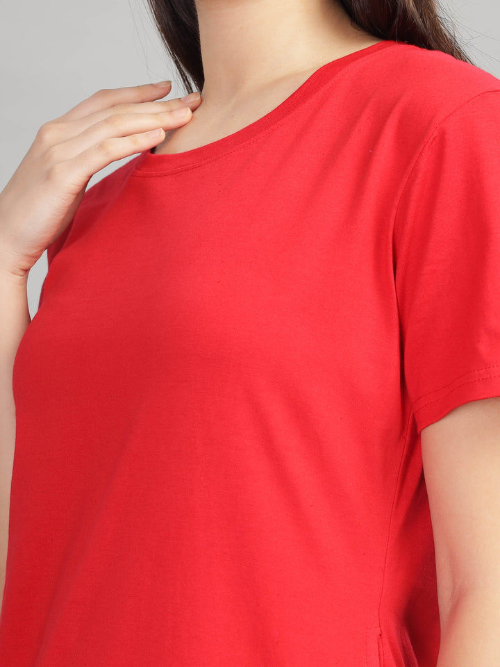 Stylish Solid Red Long T-Shirt for Women Lounge Wear with Pockets