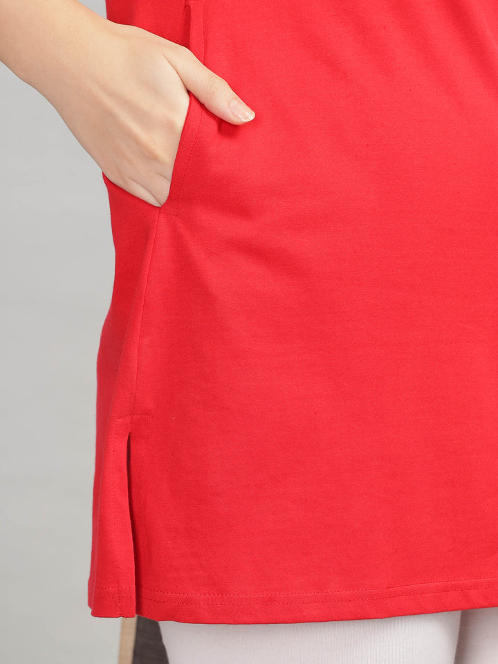 Stylish Solid Red Long T-Shirt for Women Lounge Wear with Pockets