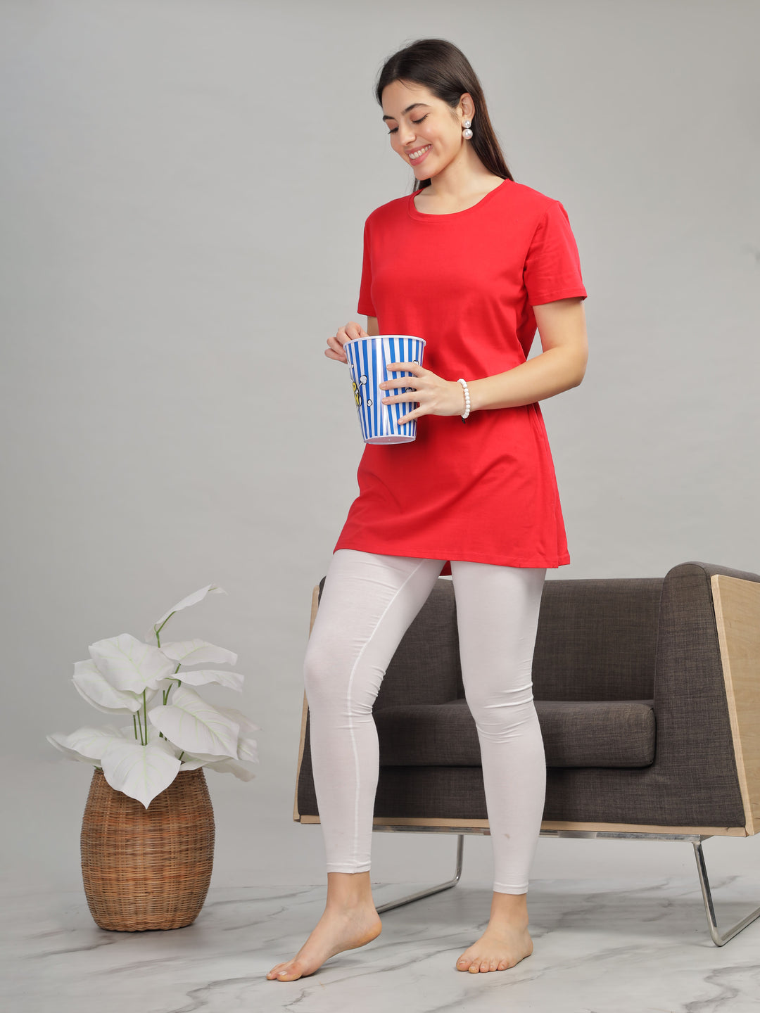 Stylish Solid Red Long T-Shirt for Women Lounge Wear with Pockets