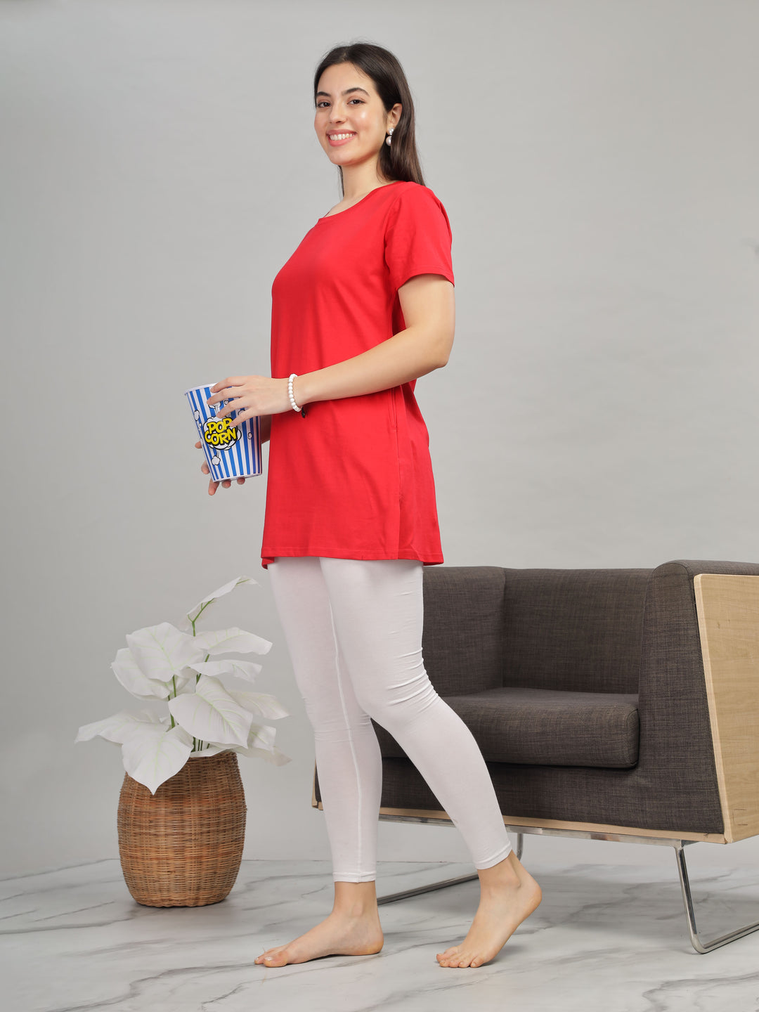 Stylish Solid Red Long T-Shirt for Women Lounge Wear with Pockets