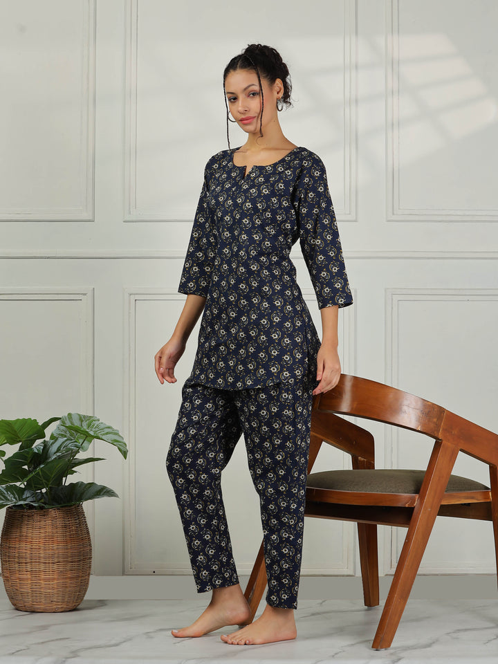 Midnight Blue Cotton Pyjama Set for Women Soft & Stylish Loungewear