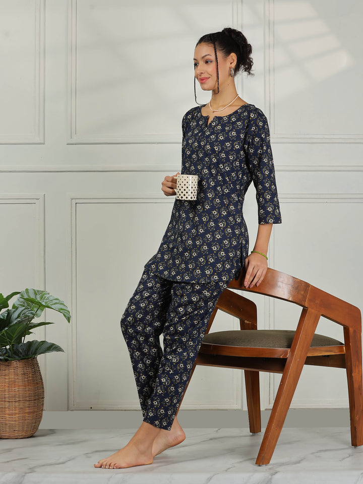 Midnight Blue Cotton Pyjama Set for Women Soft & Stylish Loungewear