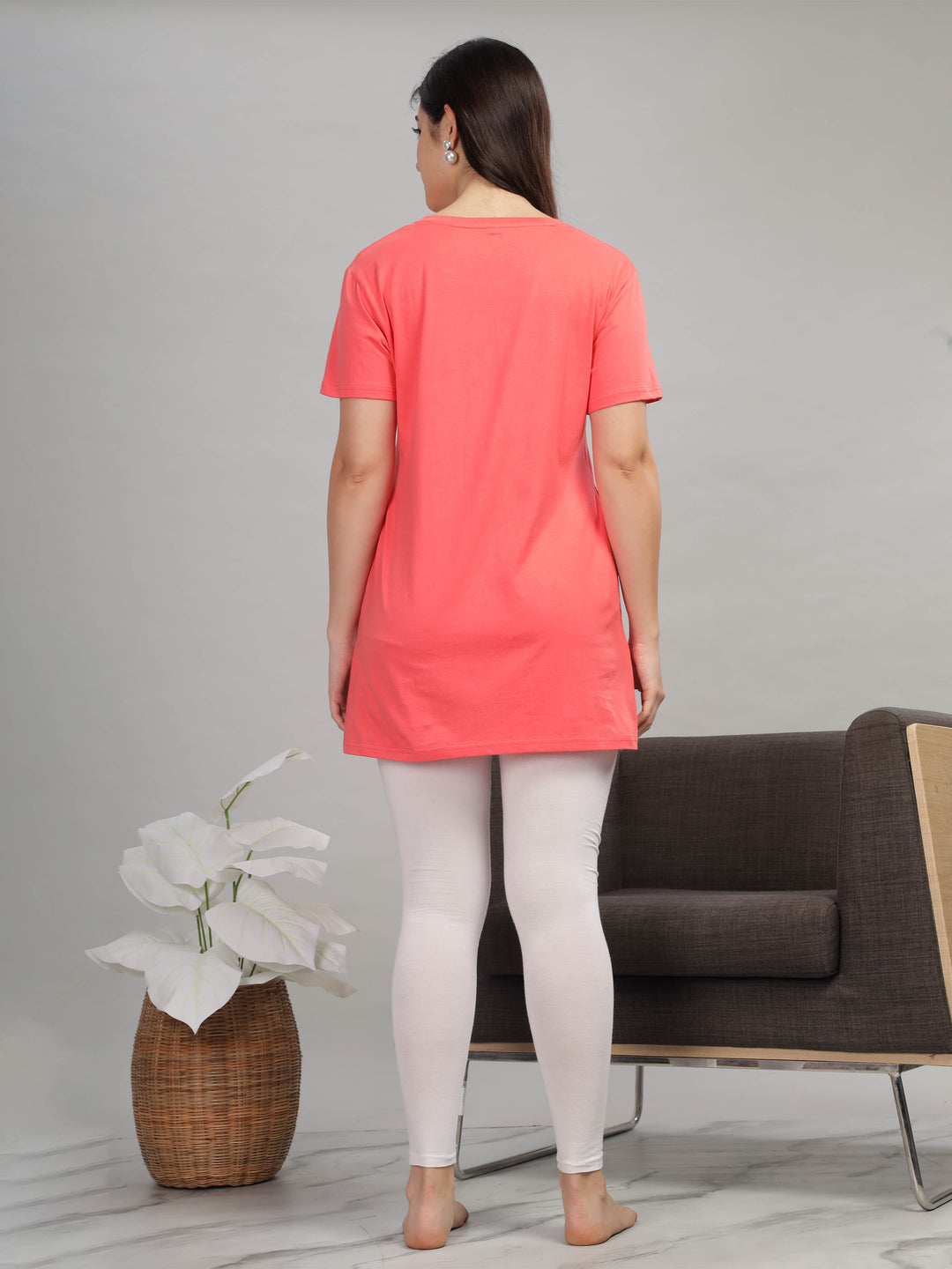 Trendy Coral Cotton Long T-Shirt for Women Lounge Top with Pockets