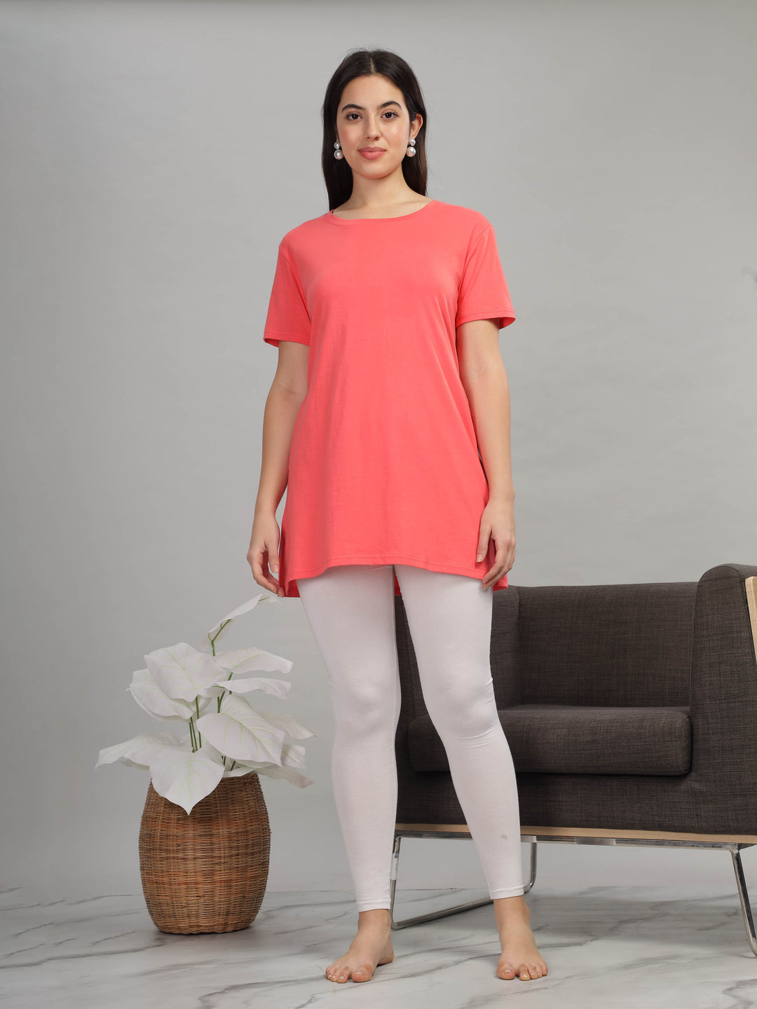 Trendy Coral Cotton Long T-Shirt for Women Lounge Top with Pockets