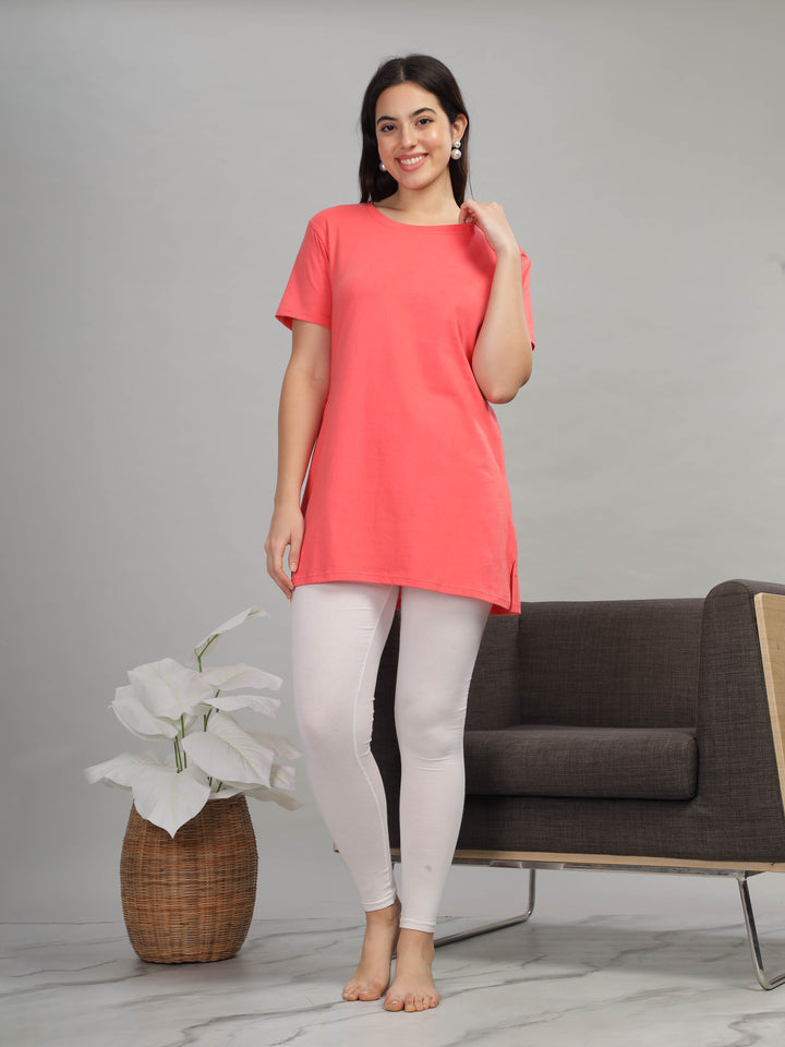 Trendy Coral Cotton Long T-Shirt for Women Lounge Top with Pockets