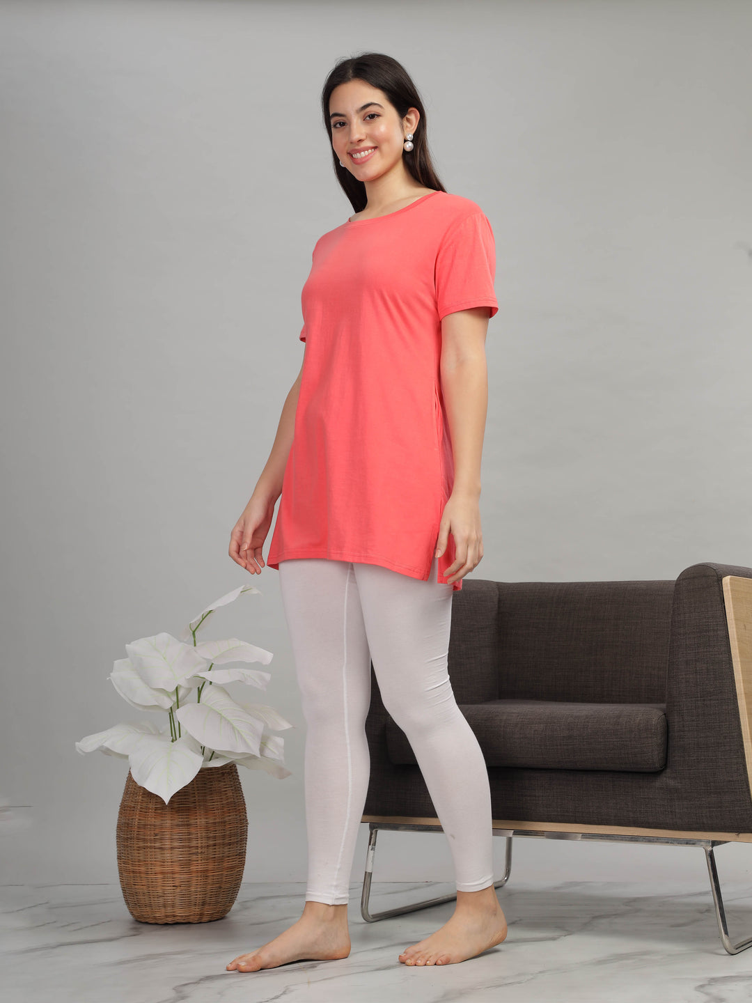 Trendy Coral Cotton Long T-Shirt for Women Lounge Top with Pockets