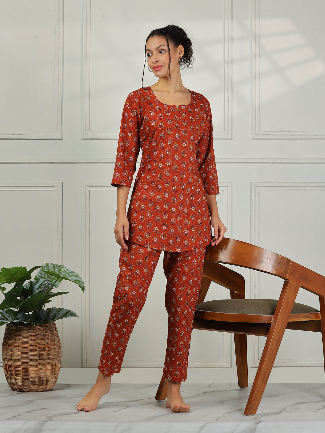 Elegant Brown Cotton Pyjama Set for Women Relaxed Fit Nightwear