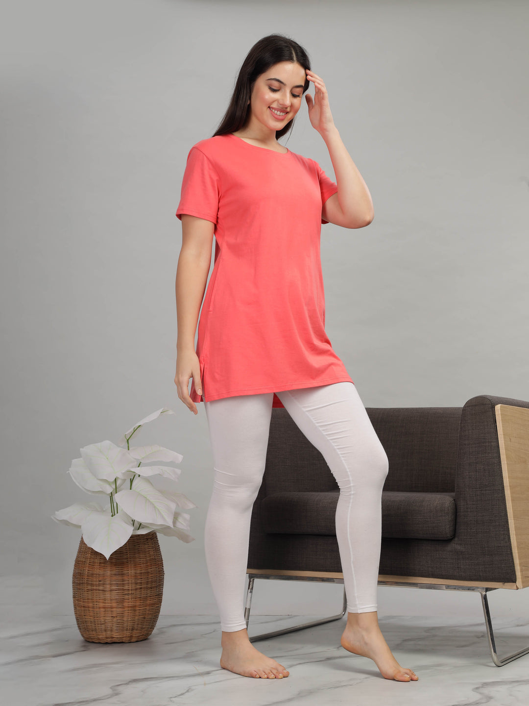 Trendy Coral Cotton Long T-Shirt for Women Lounge Top with Pockets