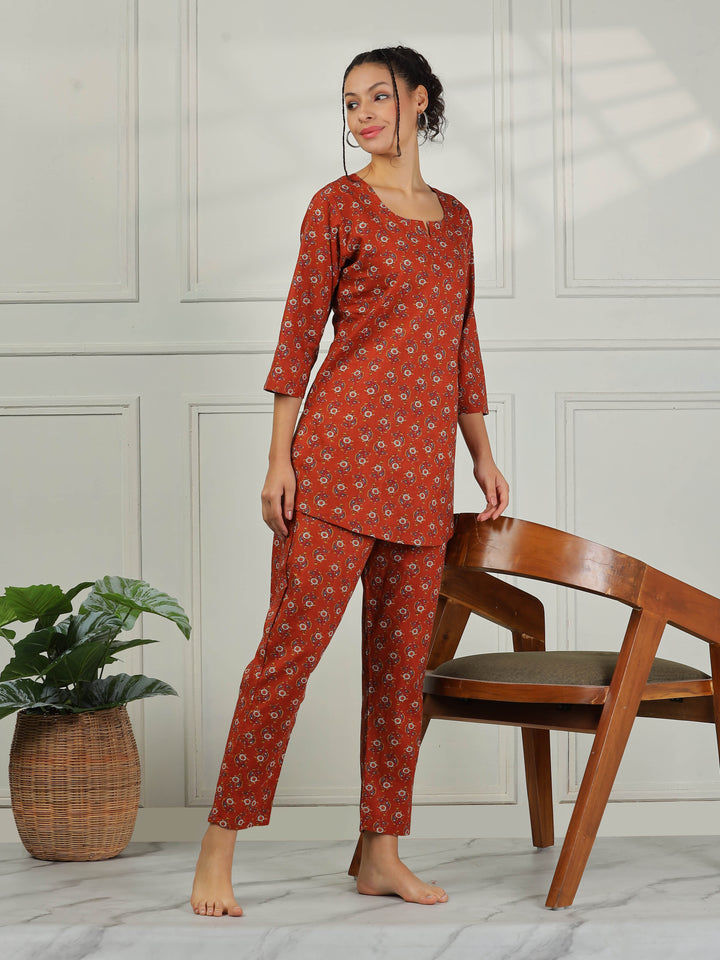 Elegant Brown Cotton Pyjama Set for Women Relaxed Fit Nightwear