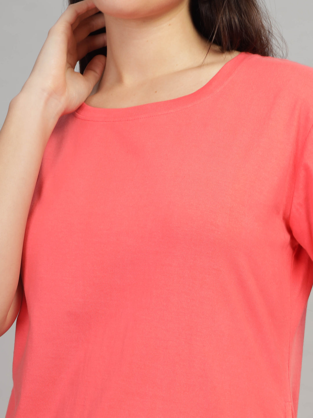 Trendy Coral Cotton Long T-Shirt for Women Lounge Top with Pockets