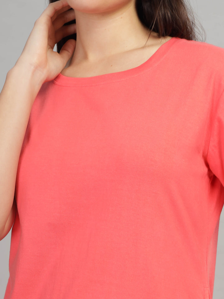 Trendy Coral Cotton Long T-Shirt for Women Lounge Top with Pockets