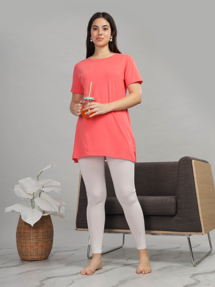 Trendy Coral Cotton Long T-Shirt for Women Lounge Top with Pockets