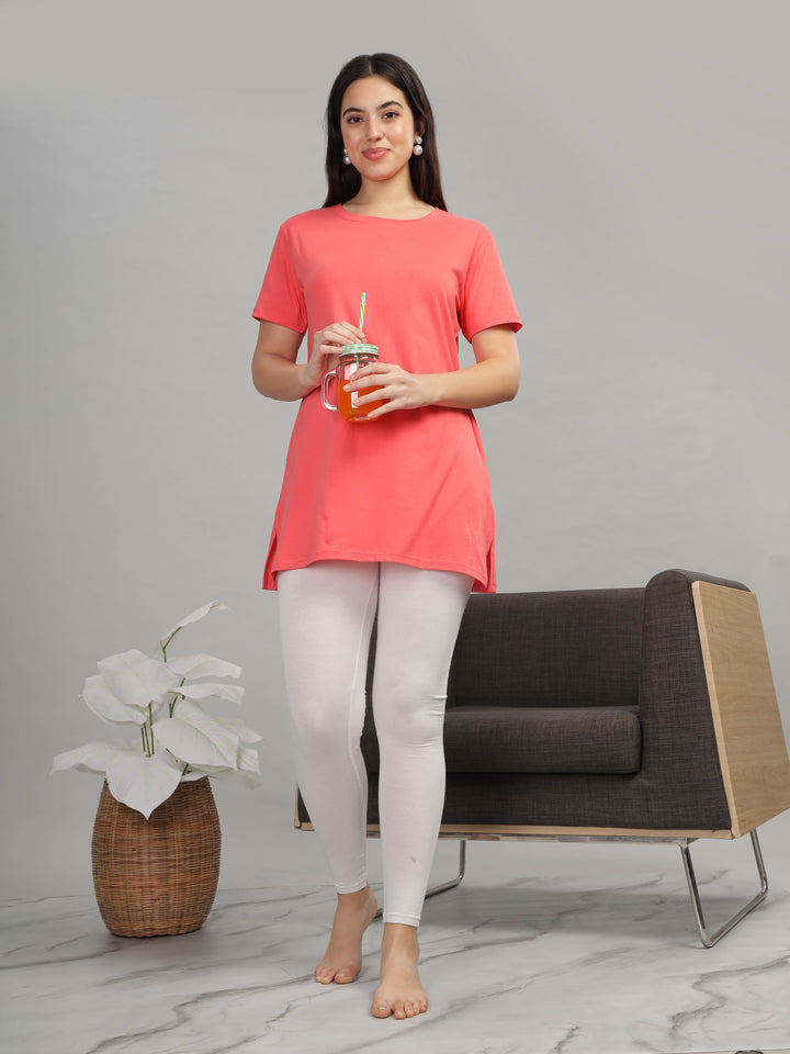 Trendy Coral Cotton Long T-Shirt for Women Lounge Top with Pockets