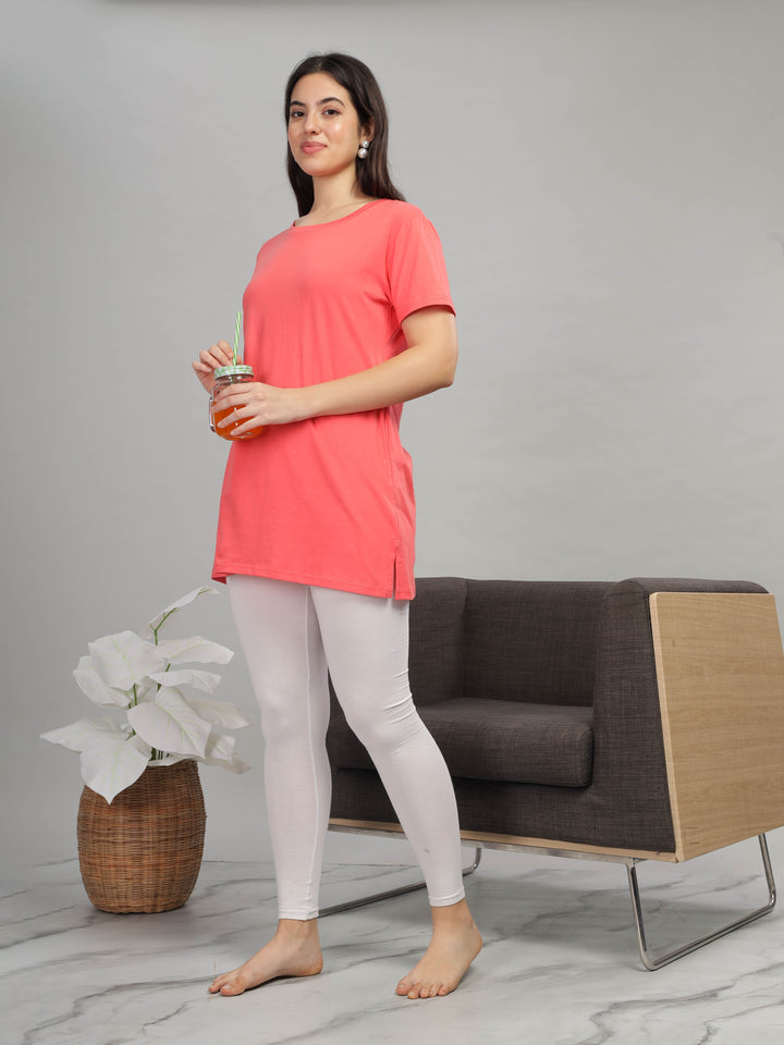 Trendy Coral Cotton Long T-Shirt for Women Lounge Top with Pockets