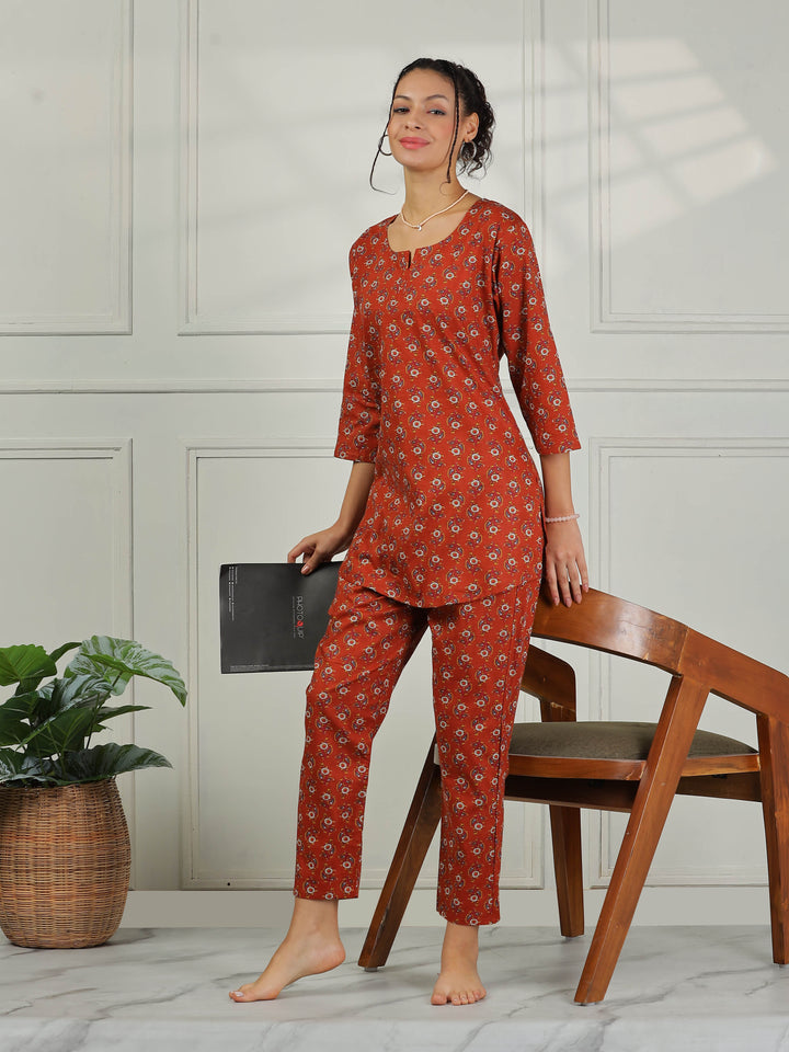 Elegant Brown Cotton Pyjama Set for Women Relaxed Fit Nightwear