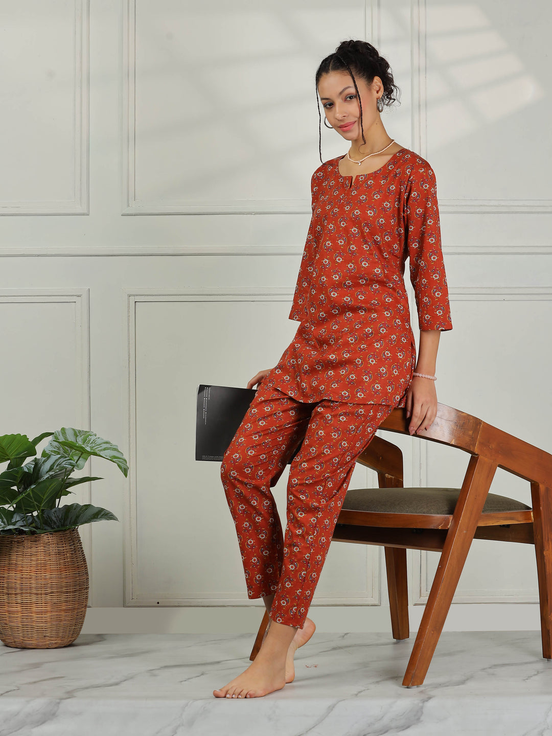 Elegant Brown Cotton Pyjama Set for Women Relaxed Fit Nightwear