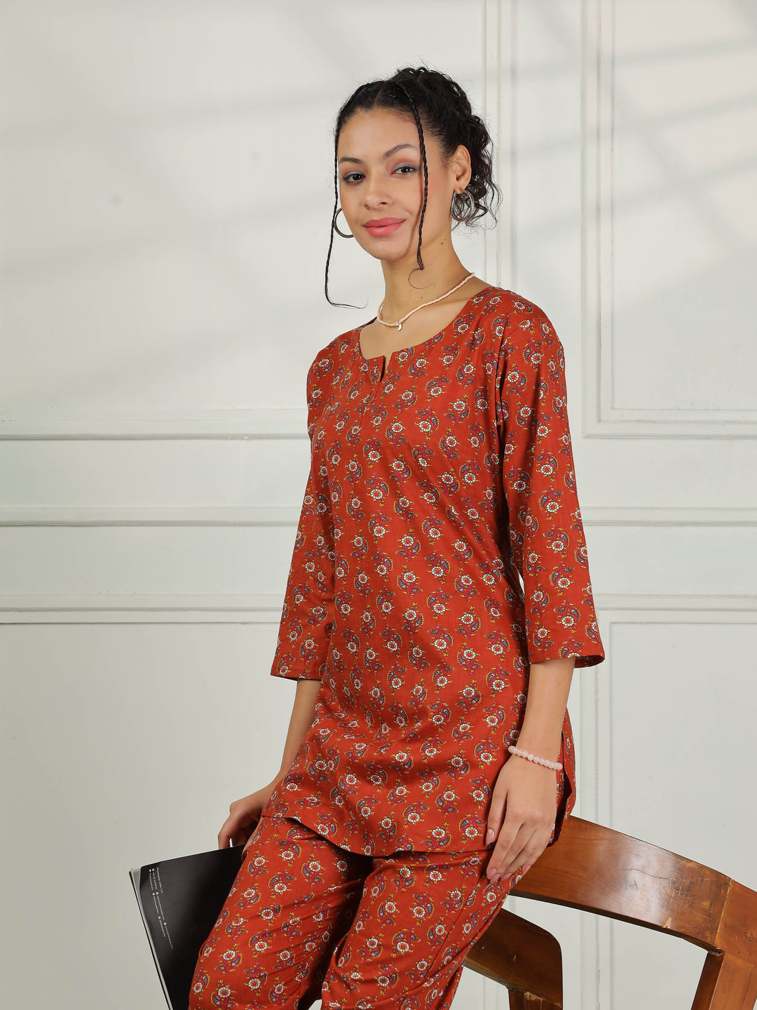 Elegant Brown Cotton Pyjama Set for Women Relaxed Fit Nightwear